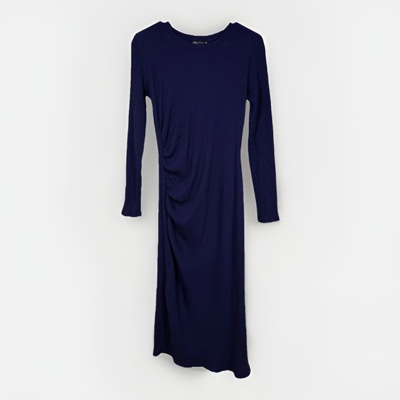 Zara Sweater Dress Women Medium Blue Knitted Side Ruched Maxi Comfortable Winter - Picture 1 of 11
